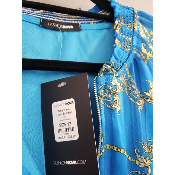 NEW SIZE 1X Fashion Nova SUPER LIGHTWEIGHT Where you goin bomber blue gold - Picture 6 of 7